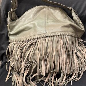 orYANY Leather Fringe Hobo Shoulder Bag - Stone/Dark Gray